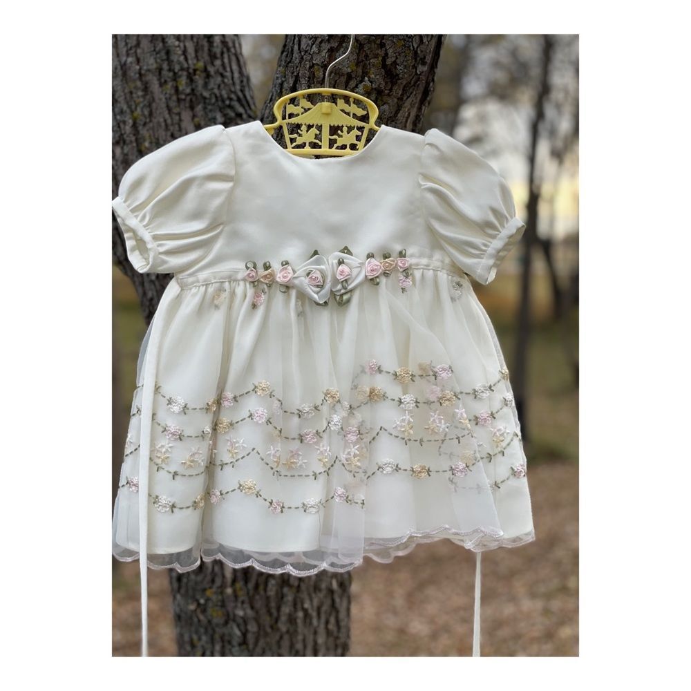 Cinderella Ivory Satin Formal Dress Sz 9M Blush Florals Puff Sleeves Party